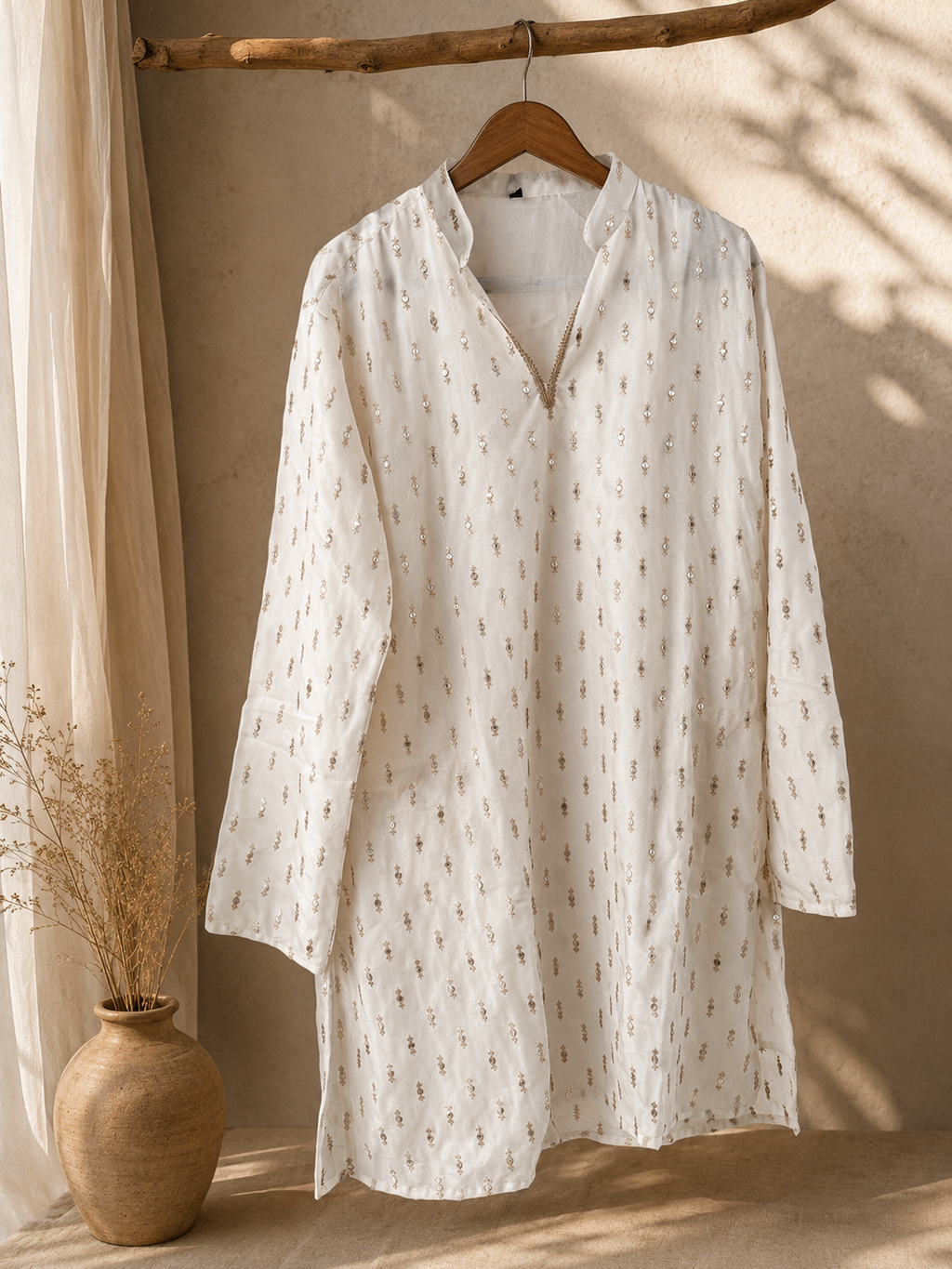 White Gold Buti Embroidered Short Kurta