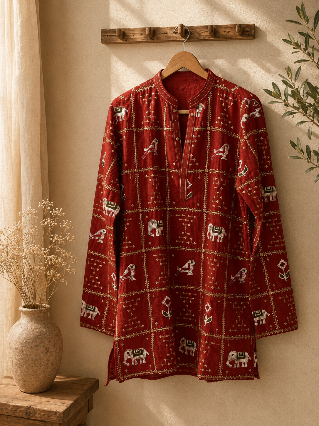 Rust Traditional Motif Short Designer Kurta