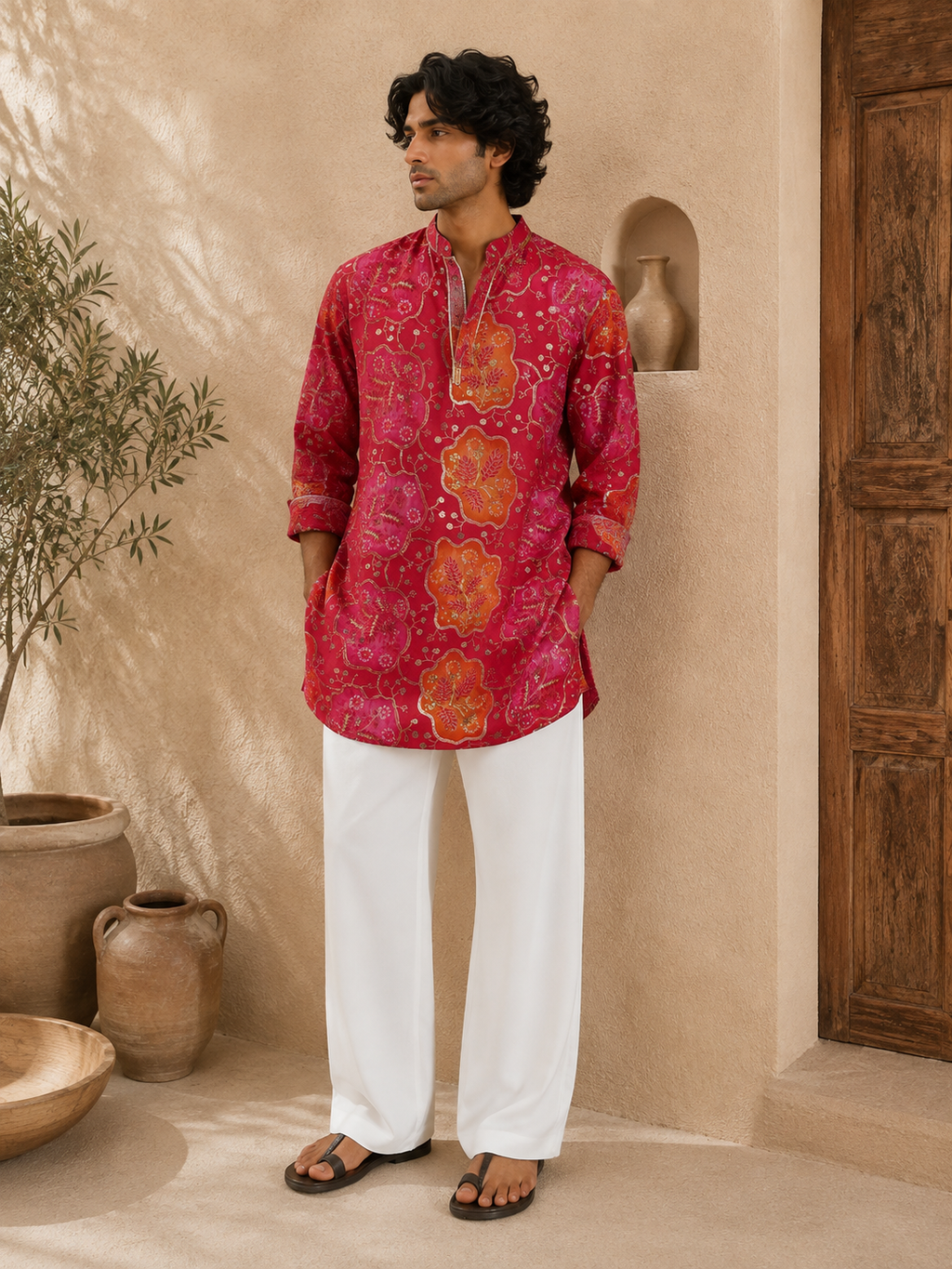 Pink Floral Print Short Kurta