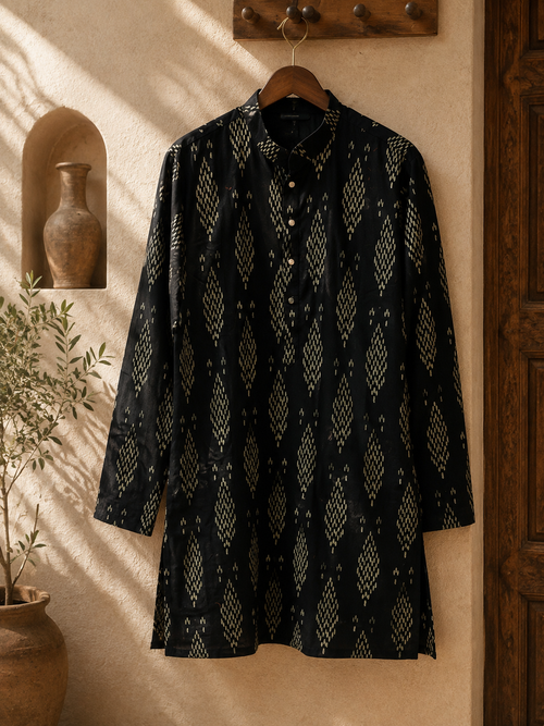 Black & Gold Ikat Print Short Kurta