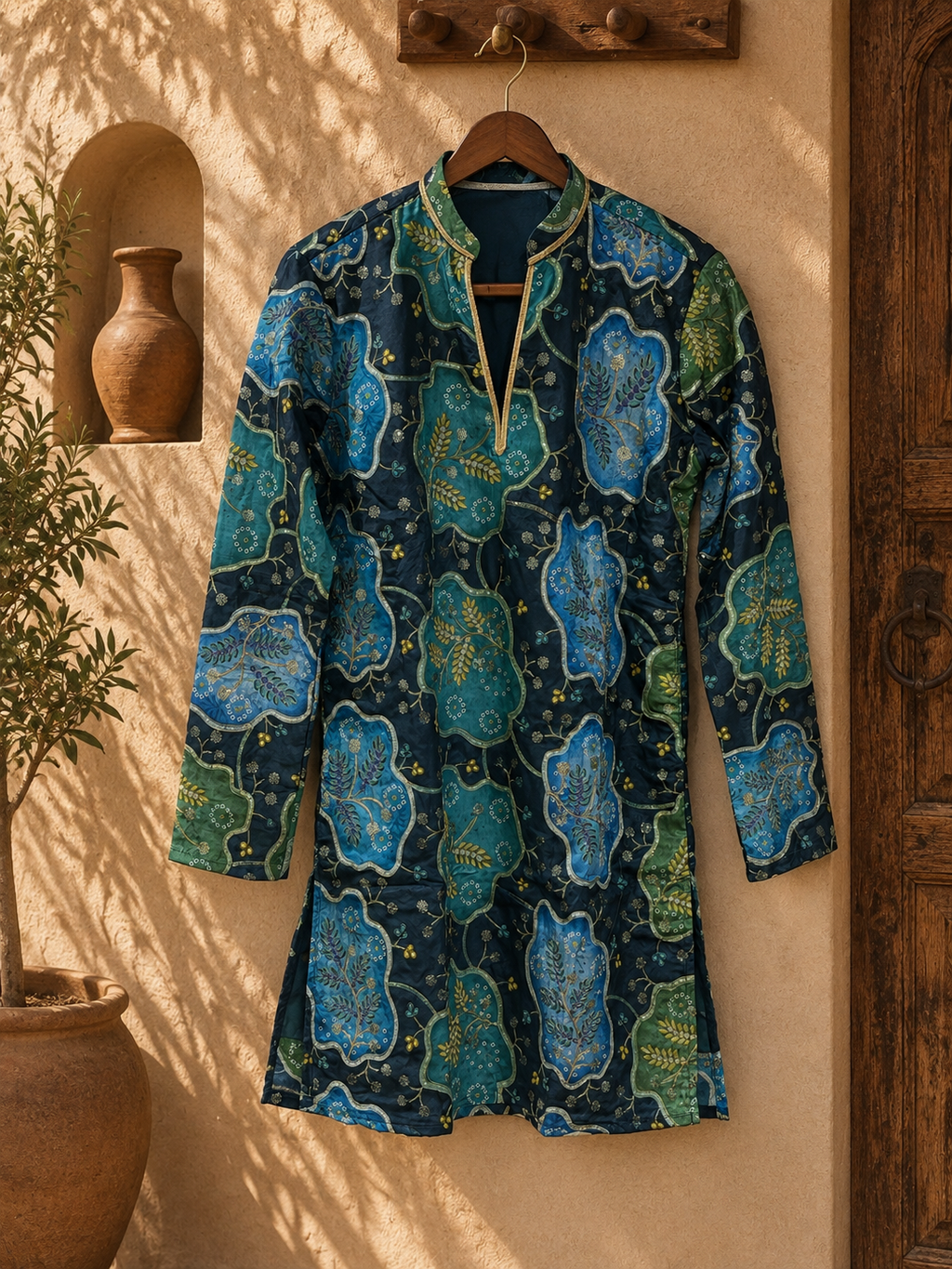 Navy Blue Botanical Print Short Kurta