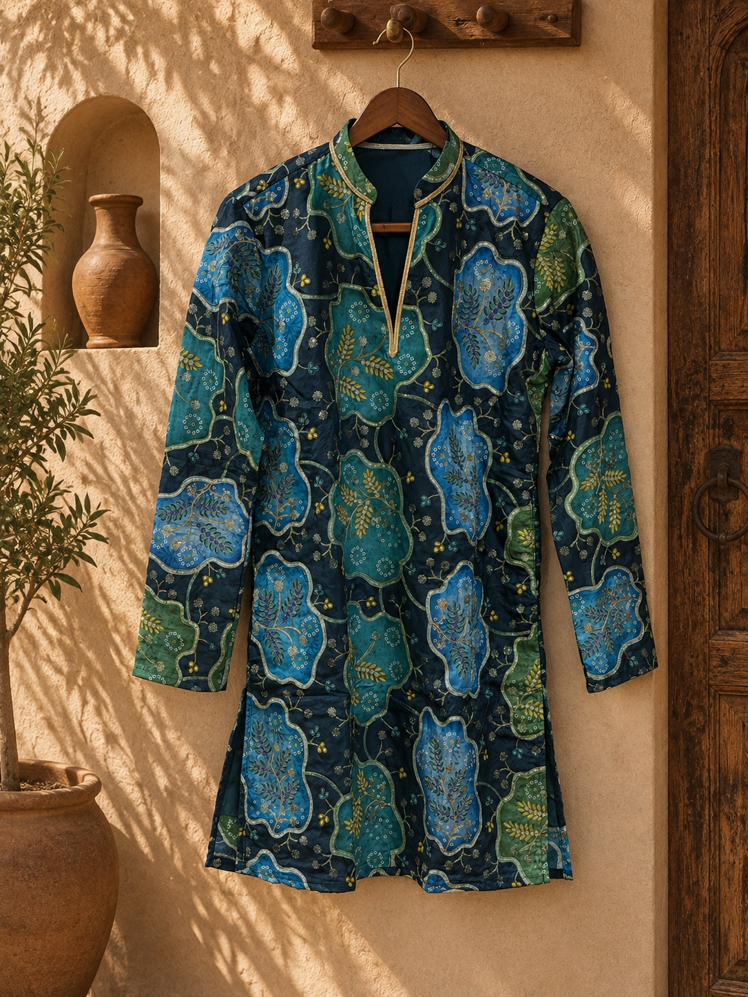 Navy Blue Botanical Print Short Kurta