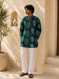 Navy Blue Botanical Print Short Kurta