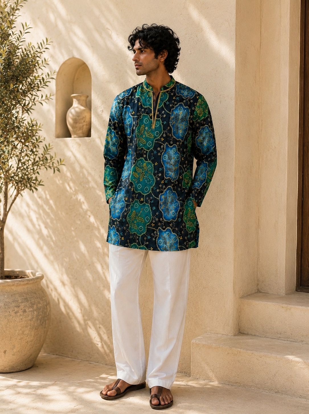 Navy Blue Botanical Print Short Kurta