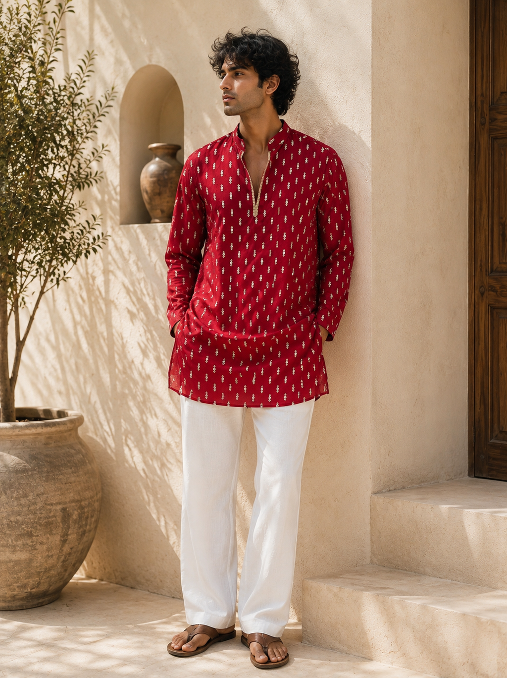 Red Gold Buti Mirror Work Navratri Kurta