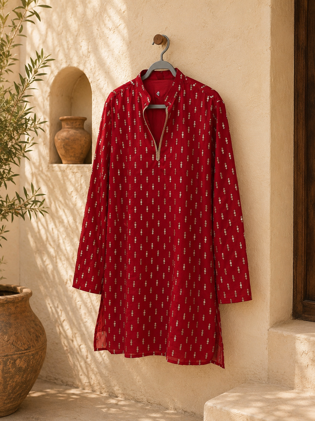 Red Gold Buti Mirror Work Navratri Kurta
