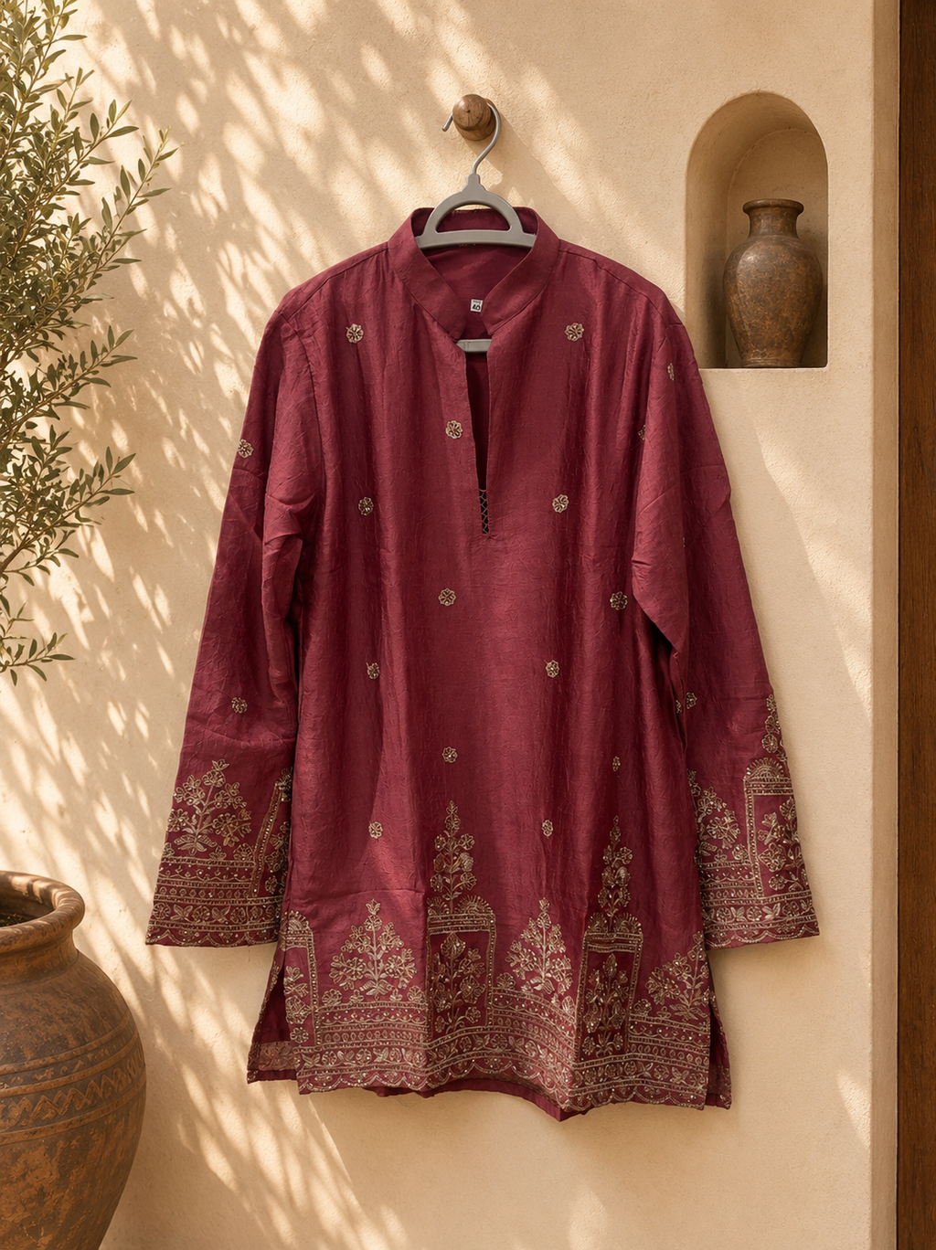 Maroon Gold Floral Navratri Short Kurta
