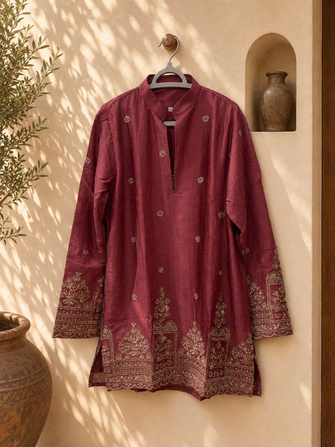 Maroon Gold Floral Navratri Short Kurta