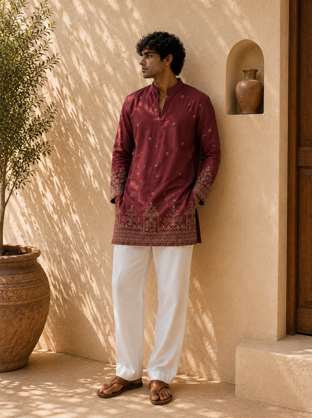 Maroon Gold Floral Navratri Short Kurta