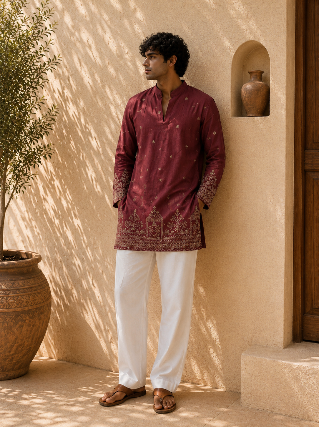 Maroon Gold Floral Navratri Short Kurta