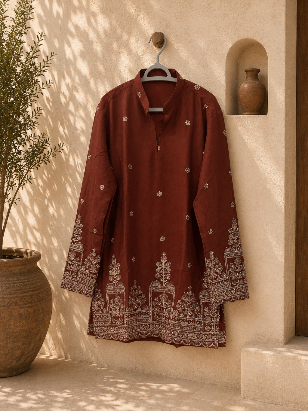 Rust Gold Floral Navratri Short Kurta