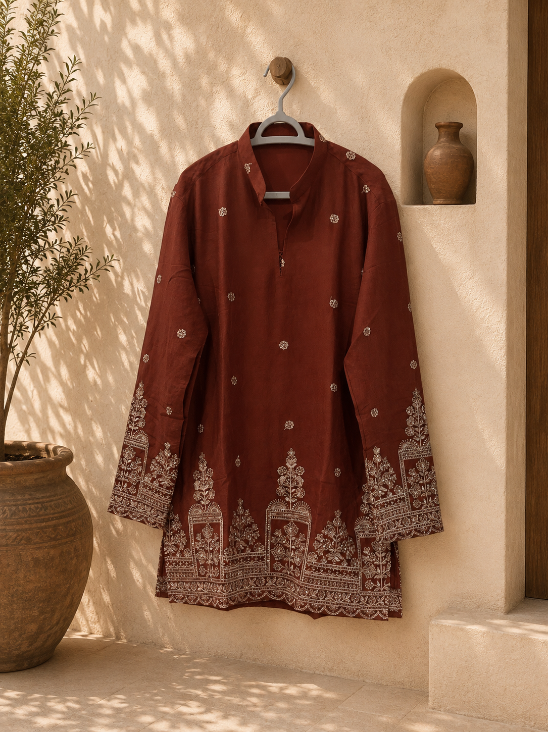 Rust Gold Floral Navratri Short Kurta