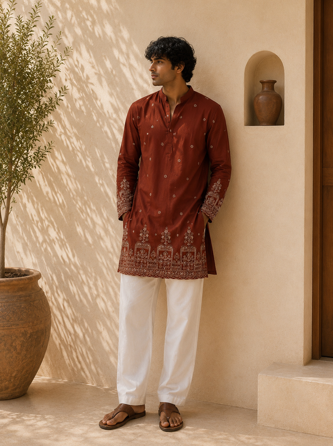 Rust Gold Floral Navratri Short Kurta