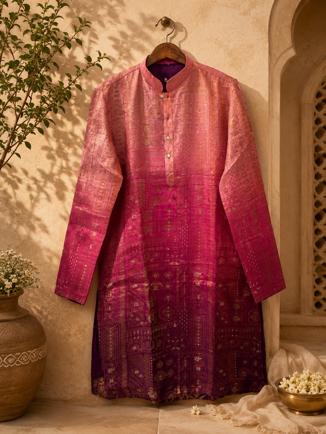 Pink Ombre Banarasi Silk Festive Kurta