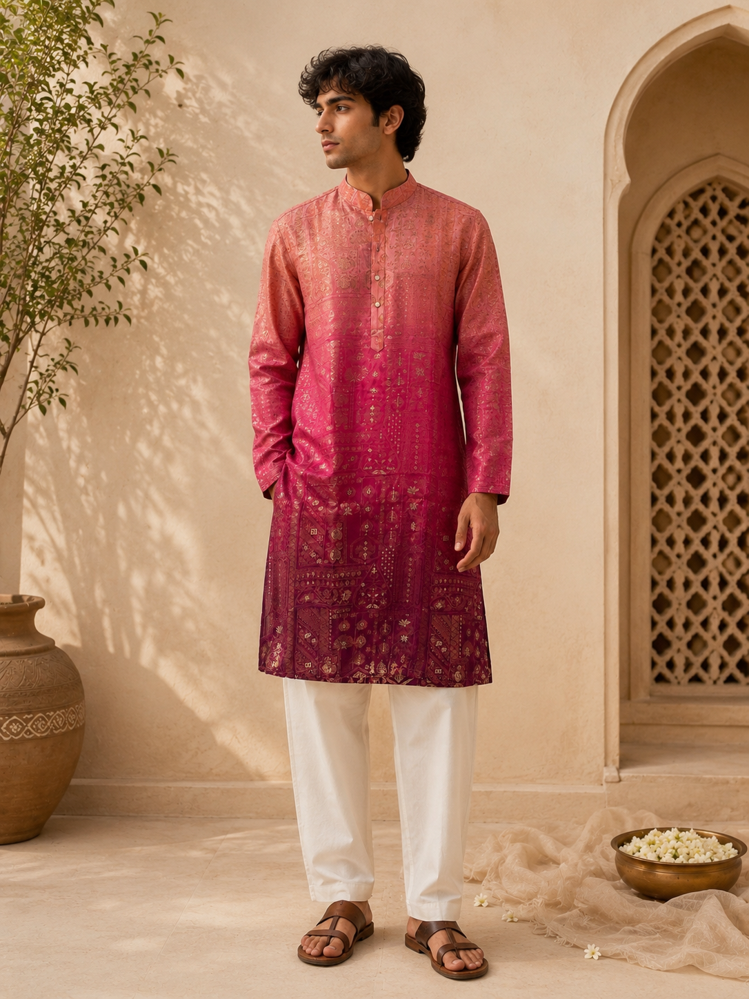Pink Ombre Banarasi Silk Festive Kurta
