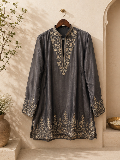 Charcoal Grey Gold Embroidered Festive Kurta