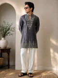 Charcoal Grey Gold Embroidered Festive Kurta