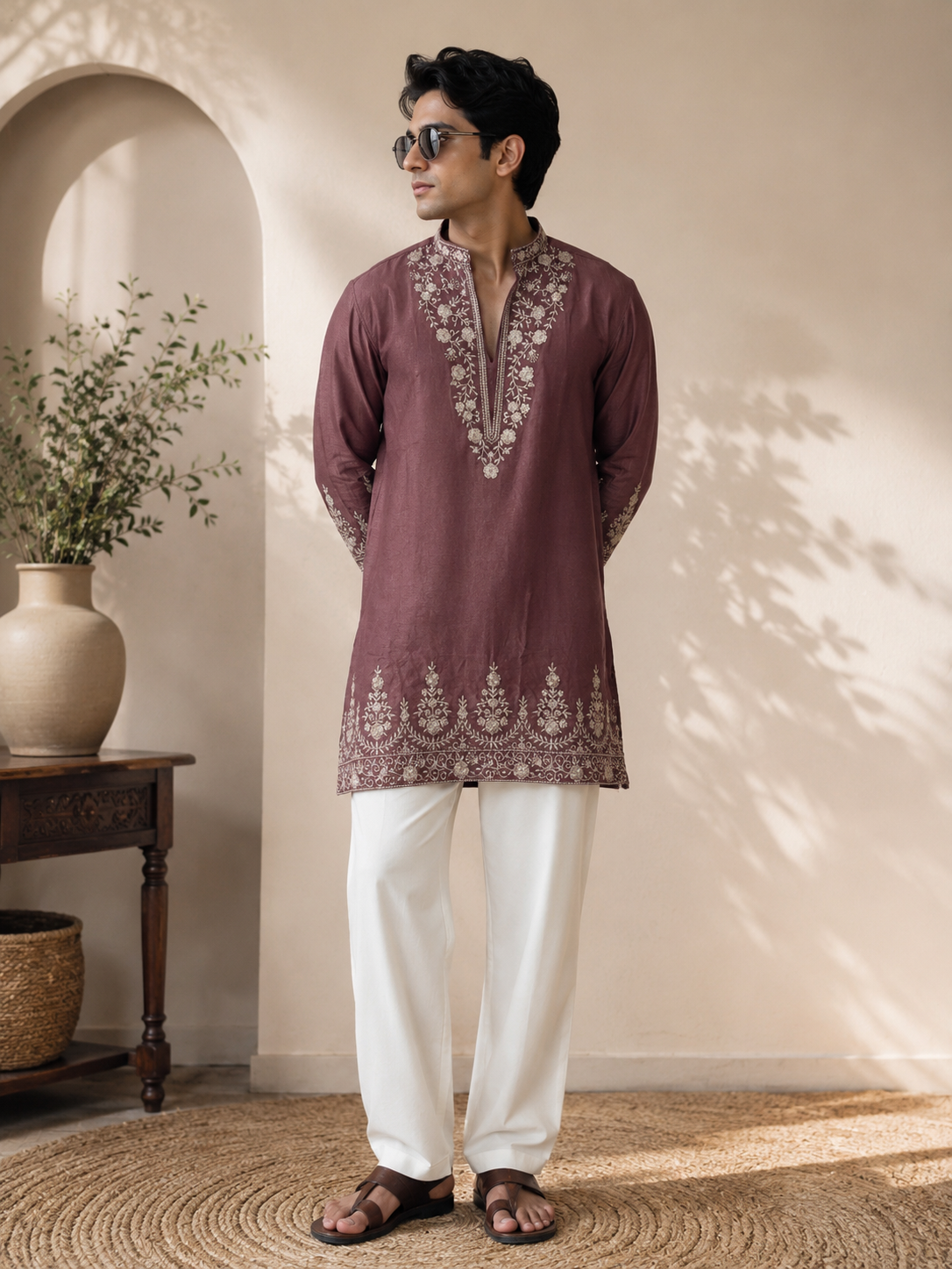 Mauve Gold Embroidered Festive Kurta