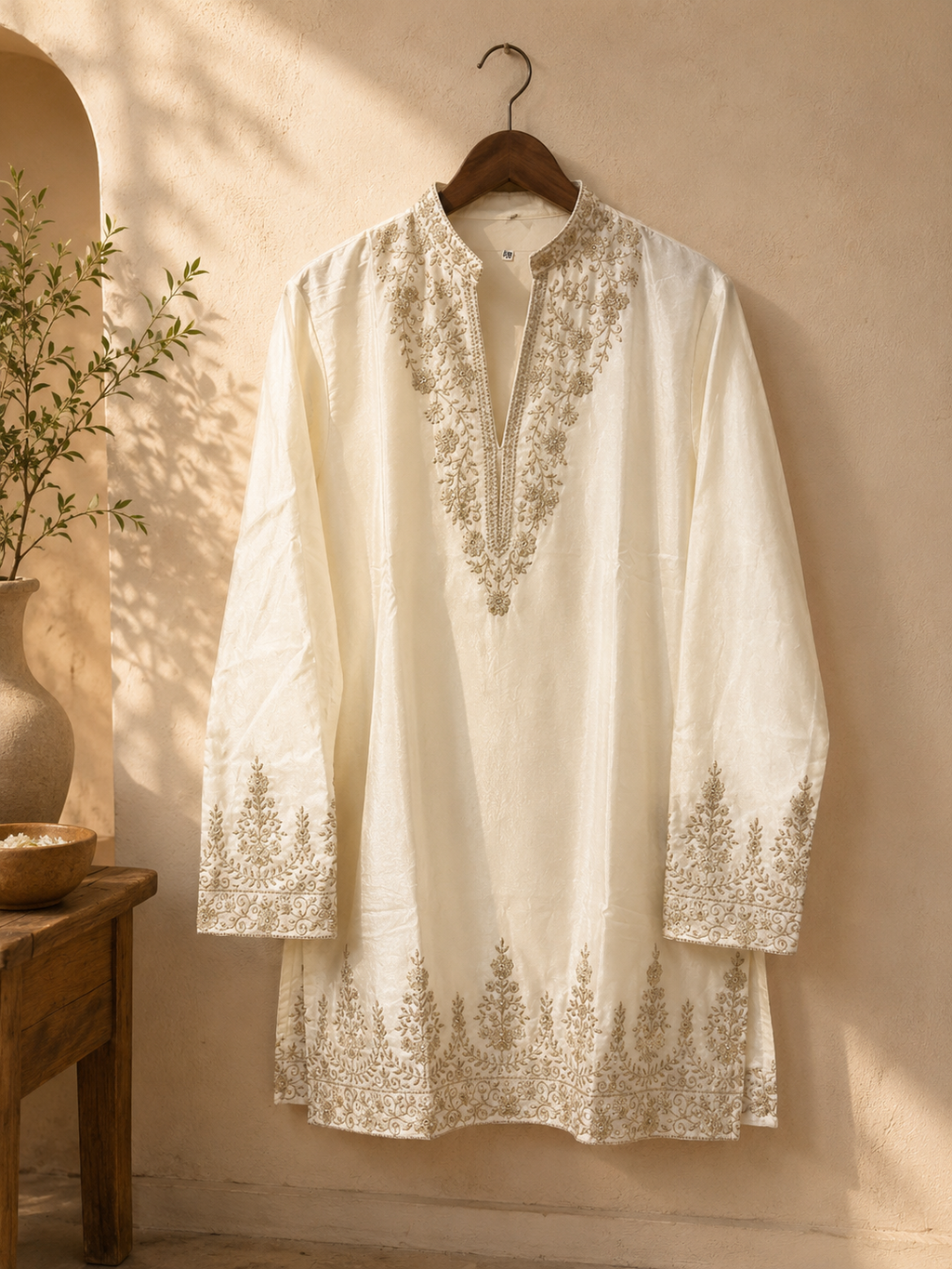 Ivory Gold Embroidered Festive Kurta