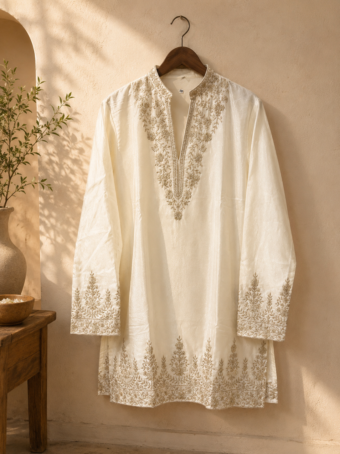 Ivory Gold Embroidered Festive Kurta