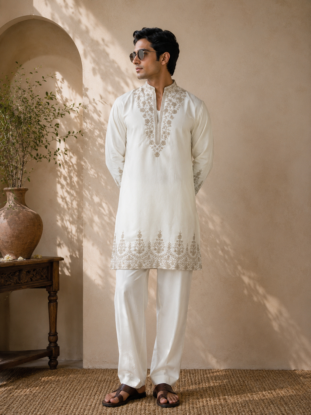 Ivory Gold Embroidered Festive Kurta