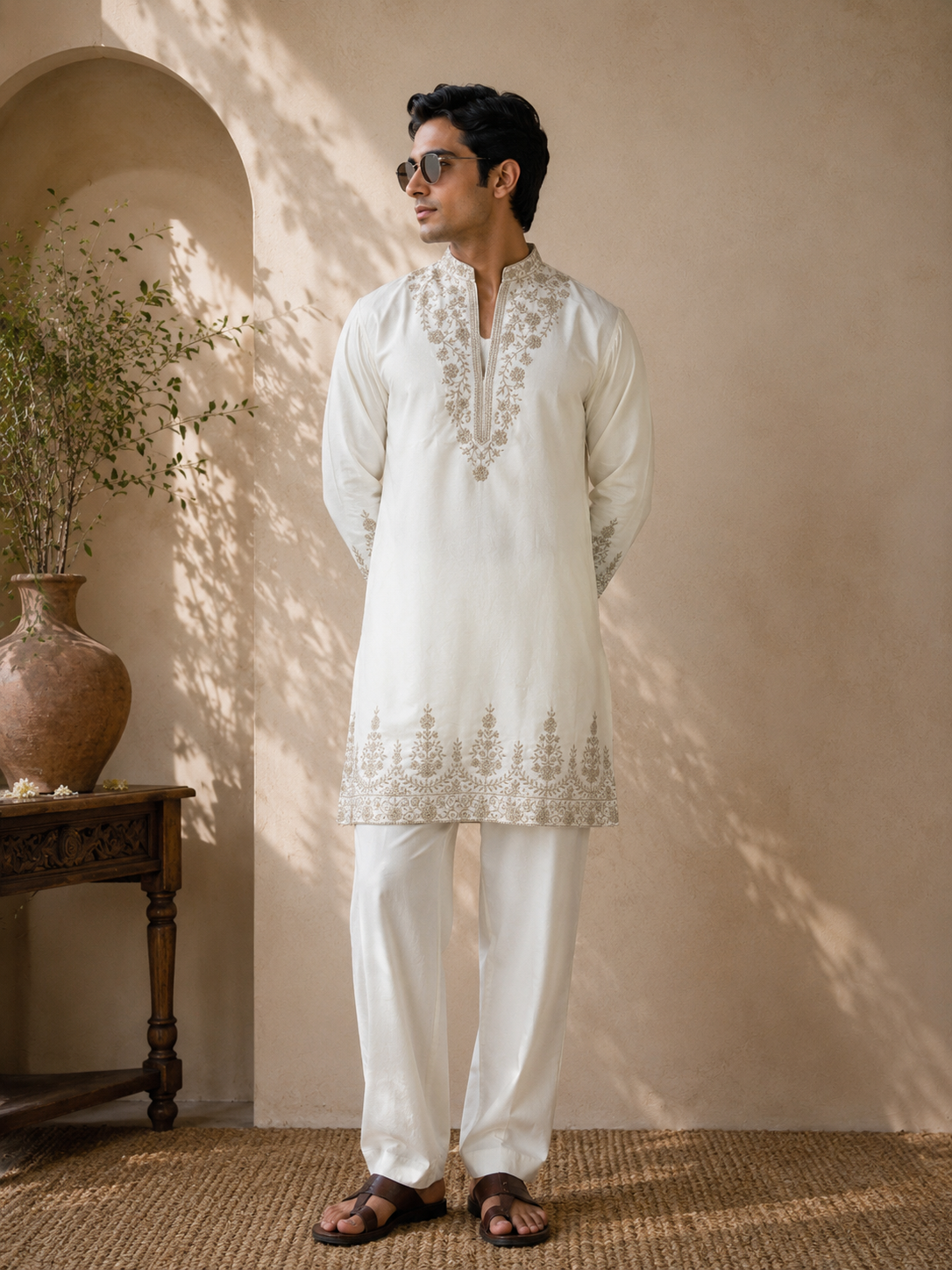 Ivory Gold Embroidered Festive Kurta