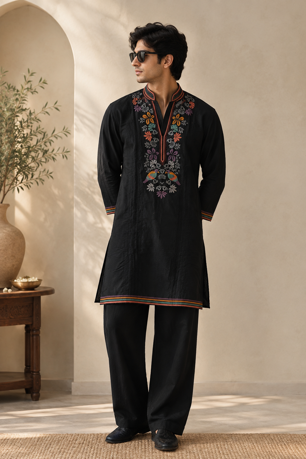 Black Embroidered Kurta with Loose-Fit Trousers
