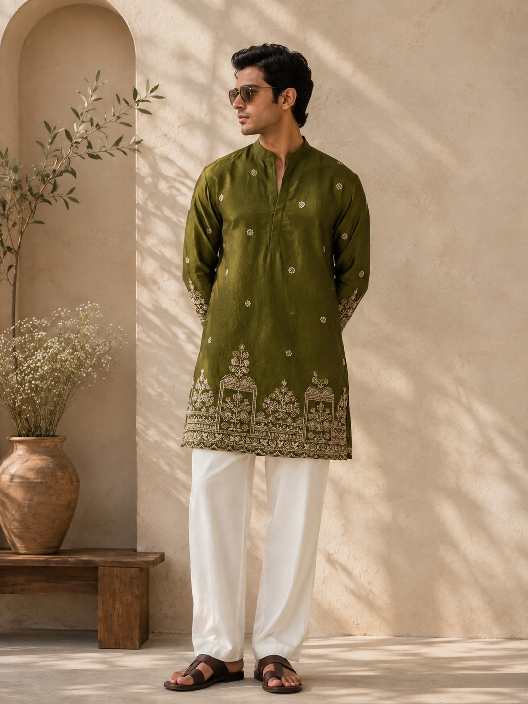 Olive Green Floral Print Short Kurta