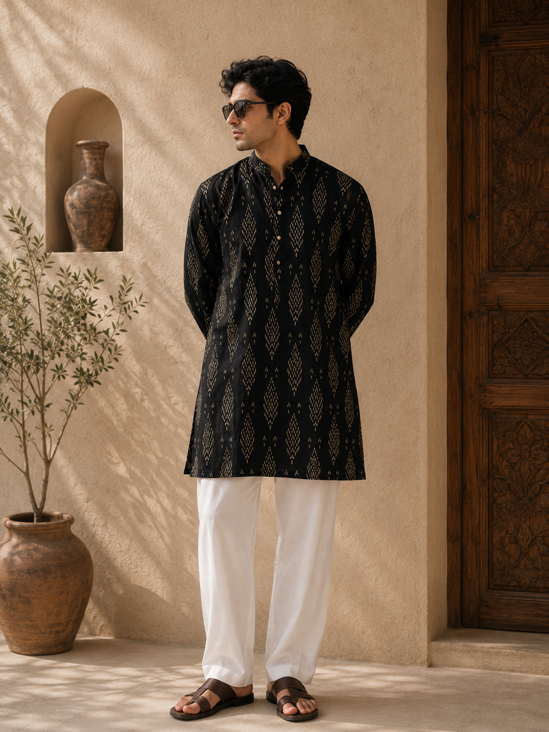 Black & Gold Ikat Print Short Kurta